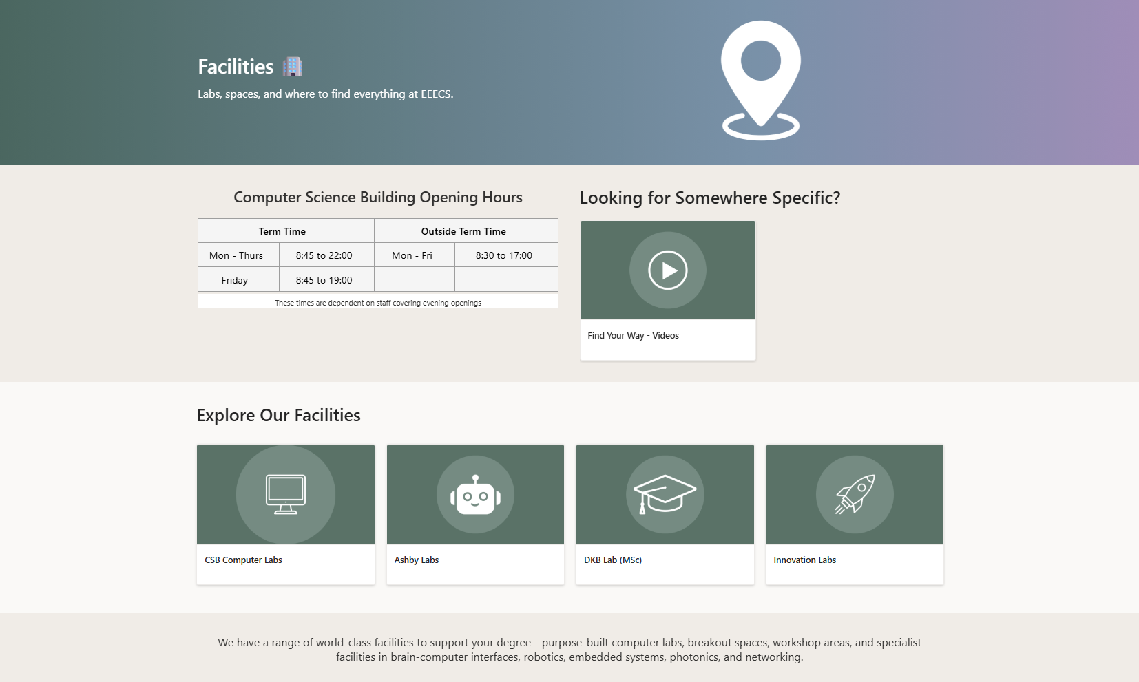 New Facilities page: a gradient banner, opening hours table, wayfinding video card, and four clickable facility cards