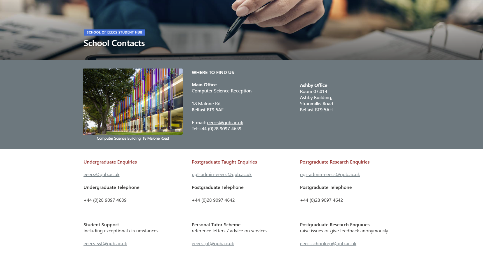 Old School Contacts page: one long scroll mixing office locations, undergraduate, postgraduate taught, and postgraduate research contacts together